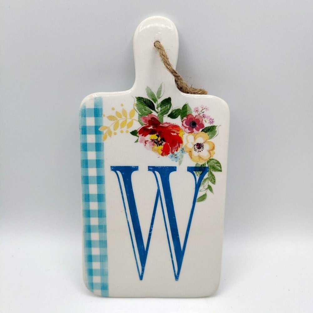 Monogram Cheese Board Initial “W”  Ceramic Checkered Plaid Floral Country Decor